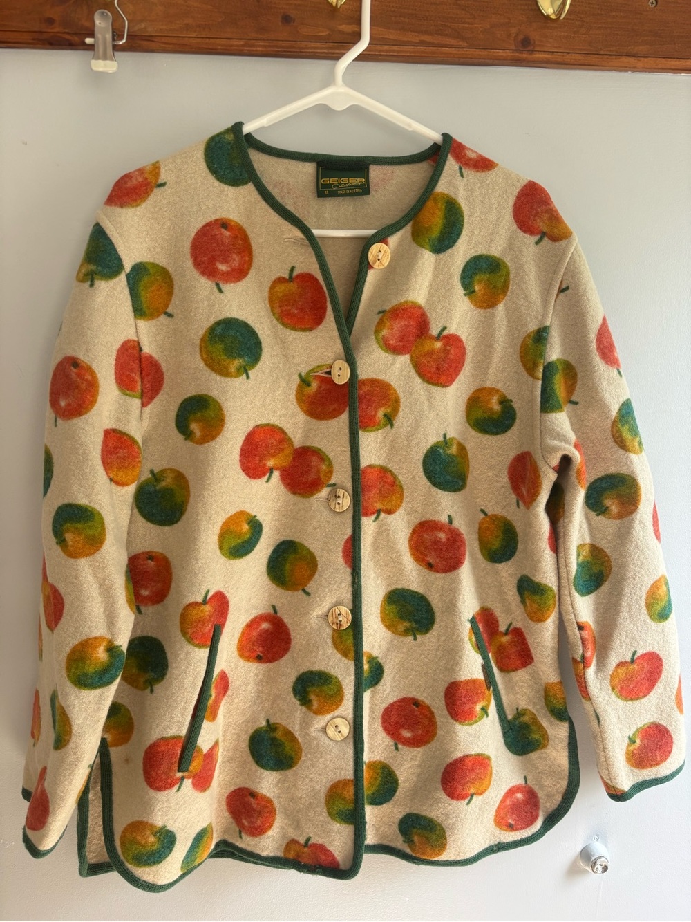 Geiger Collection Wool Cardigan/ jacket with Green Trim and Multicolor Motifs